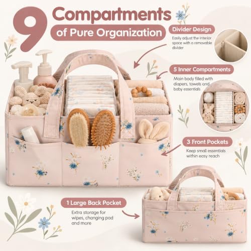 PeraBella Baby Diaper Caddy Organizer, Floral Baby Basket Shower Gift, Nursery Organizer Basket Newborn Boy & Girl Essential Items, Changing Table Organizer Caddy for Baby Stuff, Car Caddy- Pink Bloom - Image 2