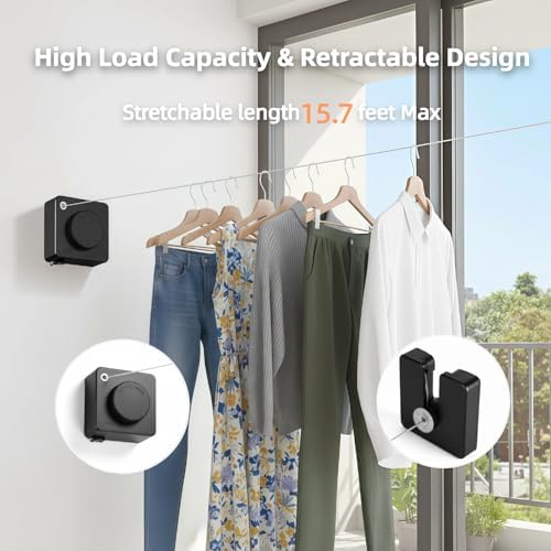 15.7Ft Retractable Clothesline Indoor & Outdoor, Heavy Duty Anti-Sag Wall Mounted Stainless Steel Laundry Drying Line for Balcony, Laundry Room, Bathroom, Motorhome, Dormitory, Travel - Image 2