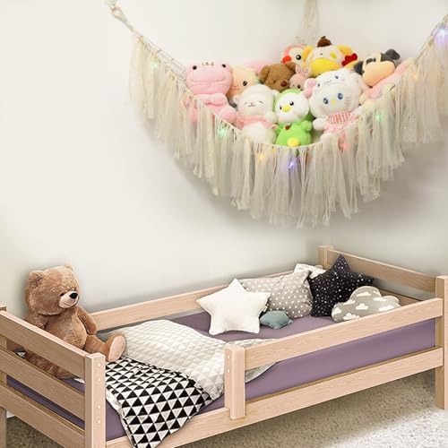 Stuffed Animal Hammock with LED Lights - 59 Inch Large Toy Storage Net for Kids Bedroom, Wall-Mounted Plush Organizer with Wooden Rings, Nursery Decor (Handwoven, White) - Image 6