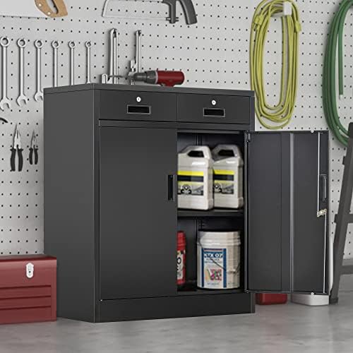 Wanfu Metal Storage Cabinet, 36" H Locking Storage Cabinet with 2 Drawers and Adjustable Shelf, Metal Cabinets for Office, Garage, Home-Black - Image 6
