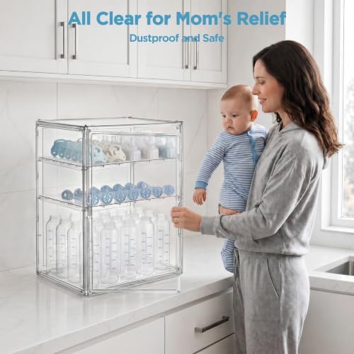 HBlife Baby Bottle Storage Organizer for Countertop Cabinet, 3 Tiers Adjustable Clear Acrylic Bottles Storage Station Case Box Container with 2 Removable Dividers and Magnetic Door, XXL - Image 2