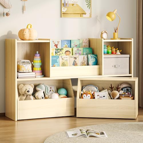 EXPERLAM Solid Wood Kids Bookshelf and Toy Storage Organizer, 3-in-1 Montessori Bookcase with Storage Cubbies and 2 Rolling Toy Bins, Toddler Bookshelf for Kids Room, Playroom, Nursery by EXPERLAM