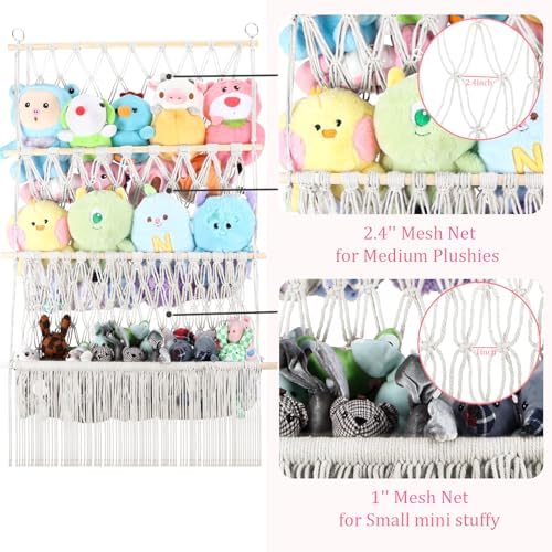 3 Tier Stuffed Animal Storage Shelf Net, 24x39'' Plushy Net, Beige - Image 3