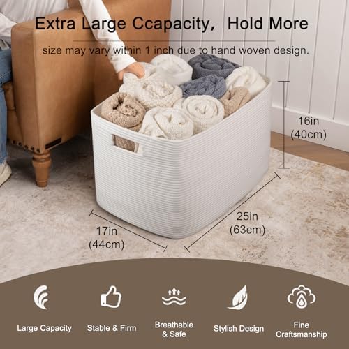 OIAHOMY 118L XXXLarge Rope Storage Basket, Oversized Blanket Basket White - Image 3