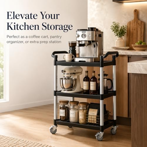 3-Tier Rolling Utility Cart with 2 Locking Brakes, 520 Lbs Heavy Duty 31.5"x15.7"x40.6" Commercial Service Cart, Tangle-Free Silent Wheels for Home, Office, Restaurant, Warehouse, Kitchen - Image 4