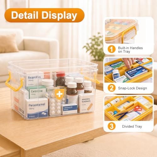 2 Pack Clear Medicine Organizer Box with Handle, Plastic Medicine Container with Tray First Aid Box Empty, Thickened Medicine Storage Organizer Multipurpose Medication Organizer Storage, Yellow - Image 4