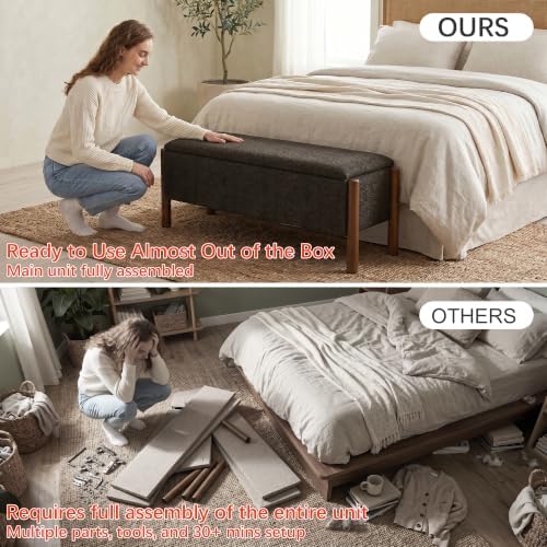 Modern Storage Benches with Walnut Wood Legs, 47'' Ottoman Bench with 20 Gallons Storage Space for Bedroom End of Bed, Fabric Upholstered Entryway Bench with Seating for Livingroom, Gray - Image 3