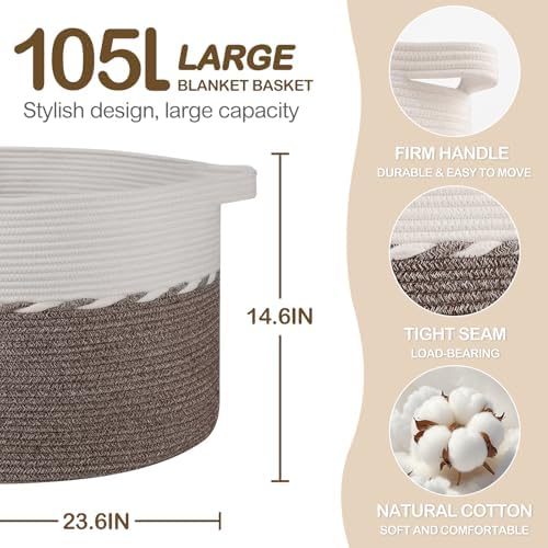 OIAHOMY 105L Extra Large Blanket Basket - Decorative Cotton Rope Storage Basket for Bedroom, Living Room & Nursery - Woven Laundry Hamper for Organizing Blankets, Clothes & Toys - Brown & White - Image 2