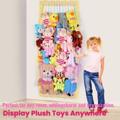 Stuffed Animal Storage Wood Soft Toy Storage for Kids Room，Wall Mount Door Hanging Stuffed Animal Toy Organizer Shelf for Nursery Play Room White with LED Coil -Patent - Image 2
