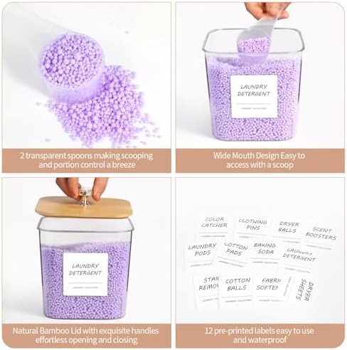 4 Pack Laundry Room Organization Storage Containers, Plastic Clear Laundry Pods Container & Dryer Sheet Holder Jars with Lids, Scoops & Labels for Detergent, Powder, Dryer Balls, Beads - Image 4