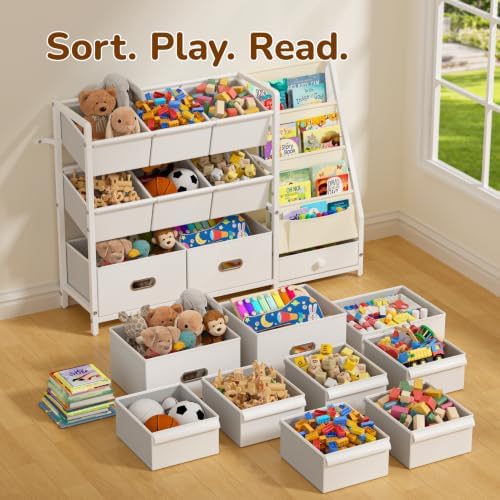 Kids Toy Storage Organizer, Kids Bookshelf and Toy Storage with 9 Bins, Montessori Toddler Bookshelf, Playroom Storage Organization, Baby Book Shelf for Kids Rooms, Nursery, White - Image 5