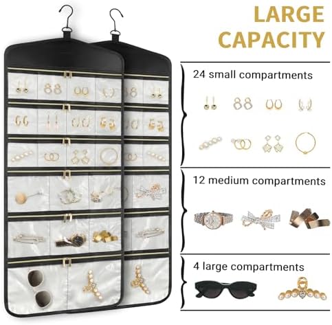 CHICECO Hanging Jewelry Organizer With Zippered Pockets,40 Pockets Travel Jewelry Organizer Storage for Cloest,Wall,Door - Image 3