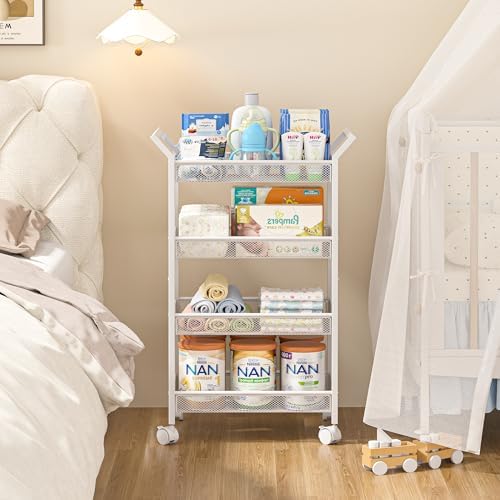 Baby Diaper Caddy Cart, 4-Tier Diaper Caddy Organizer and Storage, Rolling Utility Cart for Baby Supplies, Diaper Cart with Wheels for Bedroom, Nursery, Changing Table, White - Image 5