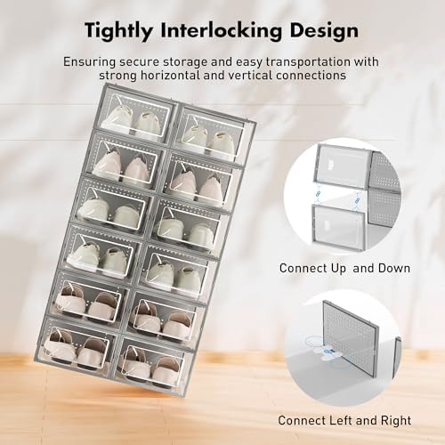 Foluck Shoe Storage Box, 15 Pack Clear Plastic Stackable Organizer for Closet, Interlocking Design Shoes Container Bins for Sneakers, Foldable Shoe Rack with Lids, Grey - Image 3
