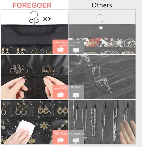 FOREGOER Hanging Jewelry Organizer 88 Zippered Pocket, 2-Sided,1 Pack Black - Image 5
