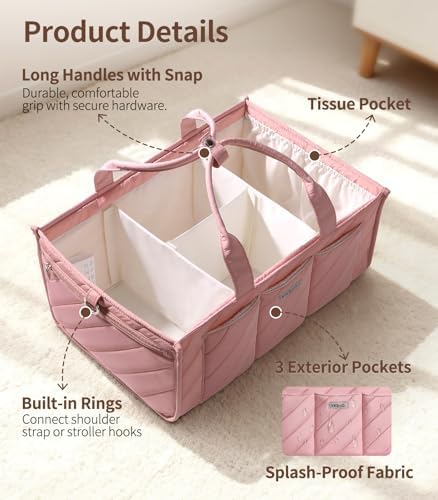 Extra Large Diaper Caddy Organizer – Big Nursery Storage Basket with Zipper Pocket, Shoulder Strap & Stroller Hooks, Water-Resistant Travel Tote for Twins, Gift for Baby Shower, Blush Pink - Image 5