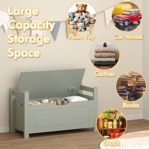 Storage Chest, Storage Bench with Cushion Seat, Toy Chest, Wooden Toy Box with 2 Safety Hinges, Shoe Bench, for Entryway, Living Room, Bedroom, Green - Image 6