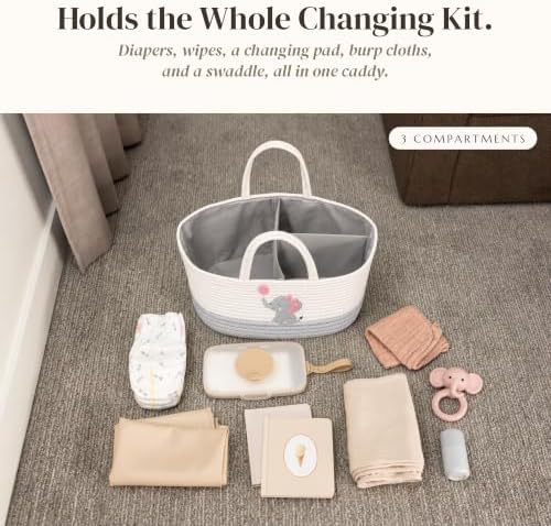 Baby Girl Diaper Caddy Organizer, Pink Elephant Cotton Rope Nursery Basket - Image 3
