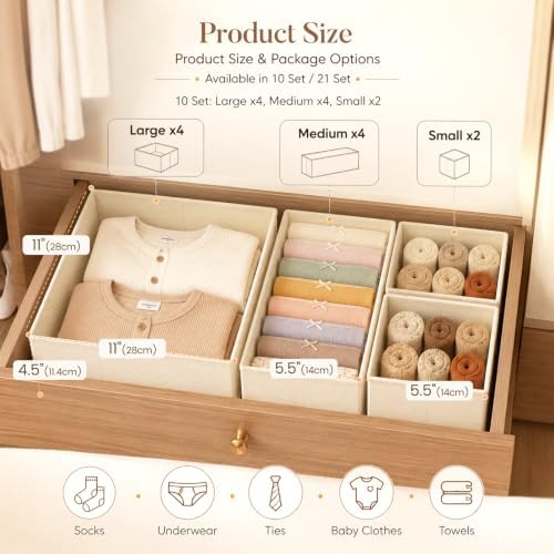 Drawer Organizer Storage for Clothes, Socks, 10 Pack, Beige - Image 2