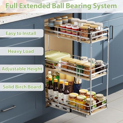 ROOMTEC 3-Tier Pull Out Cabinet Organizer Spice Rack for Narrow Cabinet 9" W x 20½" D, Slide Out Wood Shelves Storage for Kitchen - Image 2