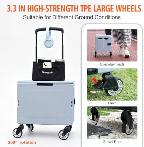 Collapsible Rolling Crate, Folding Utility Cart with 2 Lockable 360° Swivel Wheels & Lid, Portable Shopping Trolley for Grocery, Camping, Teacher, Office - Image 2