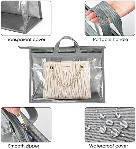Handbag Dust Bags Clear Purse Storage Organizer for Closet Small to Extra Large Handbags Dust Free Bags Hanging Zipper Storage Bag with Hooks, ( Grey, 4 Sizes-8PCS) - Image 3