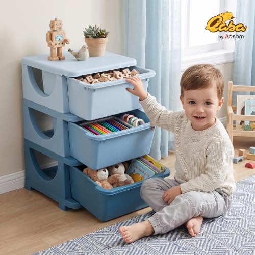 Qaba 3 Drawers Kids Storage Unit 3 Tier Toy Organizers Blue - Image 2