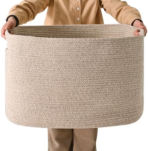 ICERZCZ Large Storage Basket for Organizing, Blanket Basket for Living Room, Large Toy Baskets for Storage, Woven Cotton Rope Baskets for Blankets, Clothes, Shoes, Brown, 25”x16”x16” (105L) by ICERZCZ
