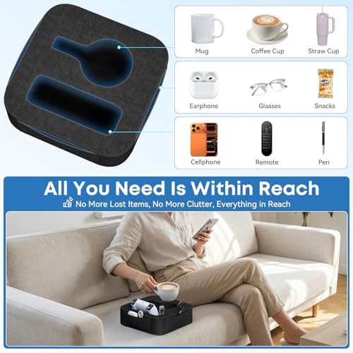 Couch Cup Holder Pillow, Couch Caddy for Drink, Snack, Phone, Remote, Game Controller, Removable and Washable Cup Cozy Pillow, Small Sofa Cup Holder Tray for Bed, Car, Desk, Sofa, Black - Image 2