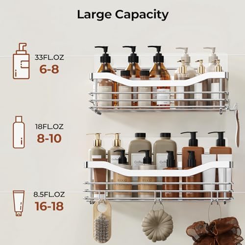 Orimade Shower Caddy Basket Shelf,3-Pack Adhesive Shower Organizer with Soap Dish Holder, No Drilling Wall Mounted Rustproof Stainless Steel Shower Shelves with 7 Hooks,for Bathroom - Image 6
