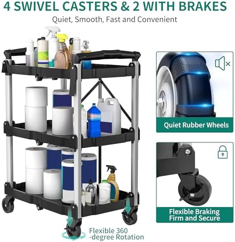 YITAHOME 3-Tier Folding Utility Cart with Wheels (2 Brakes), 240lbs - Image 3