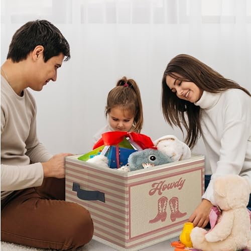 Pink Western Howdy Foldable Storage Bins Box with Handles, Cowgirl Boots Western Nursery Striped Collapsible Toys Books Clothes Organizer Basket for Girl Nursery Room Bedroom Bathroom - Image 4