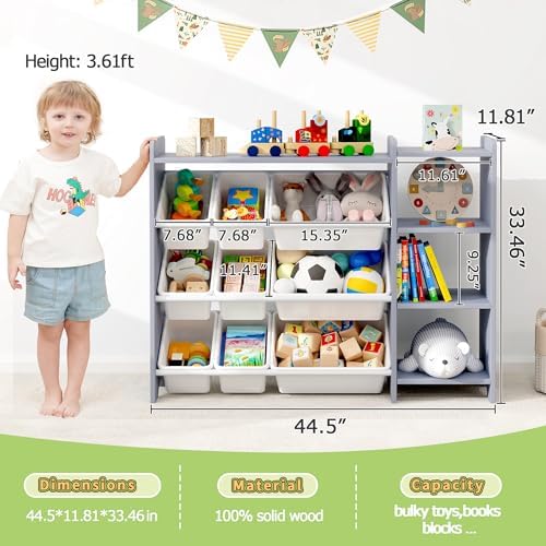 MallBest Kids Toy Storage Organizer with Bins, Solid Pine Wood Frame Toy Storage Cabinet and Kids Bookshelf, 3-Tier Playroom Organizer for Kids Room, Nursery and Bedroom,Grey-Single - Image 3