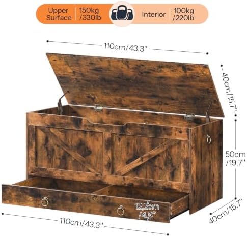 HOOBRO Storage Chest, 43.3" Toy Chest with Drawer, Wooden Storage Bench, Sturdy Entryway Bench Supports 330 lb, Shoe Bench, Safety Hinge, U-Shaped Opening, Easy Assembly, Rustic Brown FG711CW01G2 - Image 4