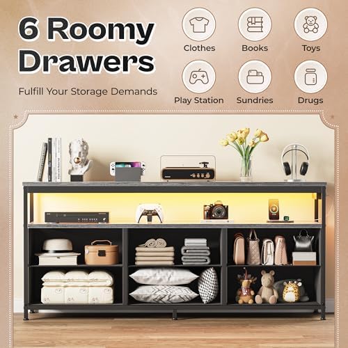 Huuger LED TV Stand for Bedroom, 55 Inch Fabric Dresser with Power Outlets, Entertainment Center for 60, 55, 50 Inch TV, 6 Drawer Dresser for Bedroom, Chest of Drawers with Shlef, PU Leather, Grey - Image 6