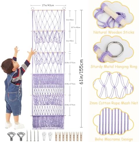 5 Tier Stuffed Animal Storage Shelf Net, 17x61'' Plushie Net,Purple - Image 2
