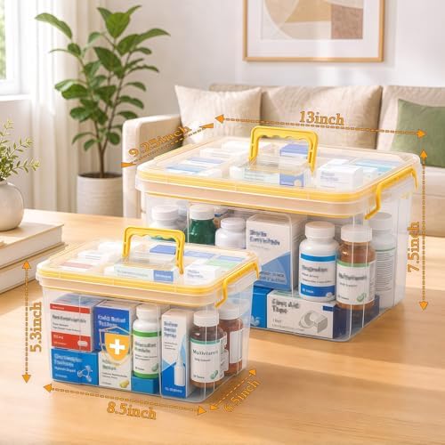 2 Pack Clear Medicine Organizer Box with Handle, Plastic Medicine Container with Tray First Aid Box Empty, Thickened Medicine Storage Organizer Multipurpose Medication Organizer Storage, Yellow - Image 2