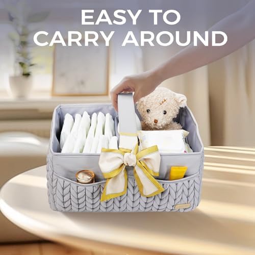 Luxurious Baby Diaper Caddy, Nursery Storage Basket for Newborn Boy and Girl, Travel Baby Basket for Diapers Baby Wipes, Organizer Tote Bag Storage Bin, Baby Shower Gifts (light gray) - Image 5