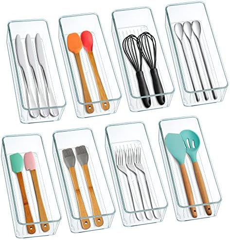 Hudgan 8 Pack Clear Plastic Drawer Organizer Bins Set, Stackable Cutlery Storage Bins Trays for Organizing Kitchen, Bathroom, Office, Crafts, Gadgets, Cabinet Supplies by HUDGAN