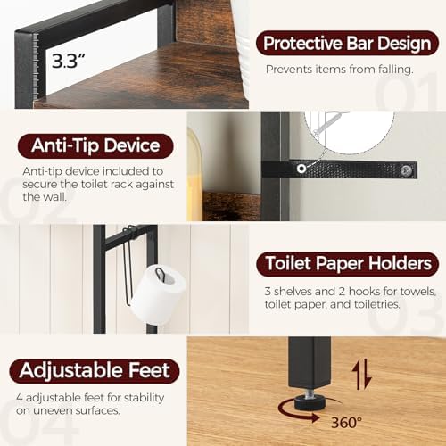 MAHANCRIS Over The Toilet Storage Rack, 3 Tier Bathroom Organizer Over Toilet, Freestanding Space Saver Toilet Stand with 2 Hooks, Bathroom Storage Shelf, Easy to Assemble, Rustic Brown TSHR6001 - Image 5