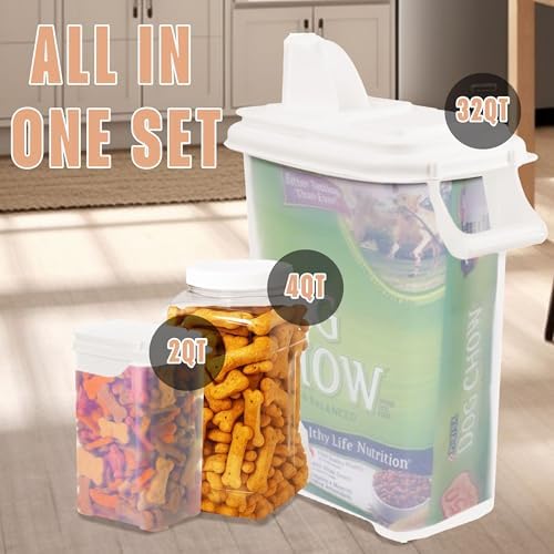 Buddeez Pet Food Storage Solution (Set of 3) - 32QT, 4QT & 2QT BPA-Free Containers with Scoop & Pour Spout for Dry Food, Treats, Chews (White Lid) - Image 3