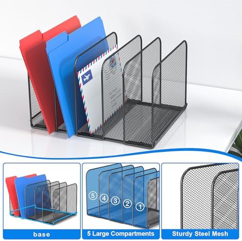TOPCJ 5 Sections Desk File Holder/Rack/Sorter,Mesh File Organizer,File Folder Organizer,Metal Upright Desktop Organization for Documents,Magazine,Kitchenware,Antiskid,Antirust,Sturdy,2 Packs - Image 5