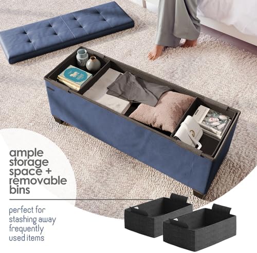 Storage Ottoman Bench with Bins, 43-in Storage Bench for Bedroom End of Bed, Folding Foot Rest Ottoman for Living Room Max 660lbs, Leather Ottomans, Blue - Image 4