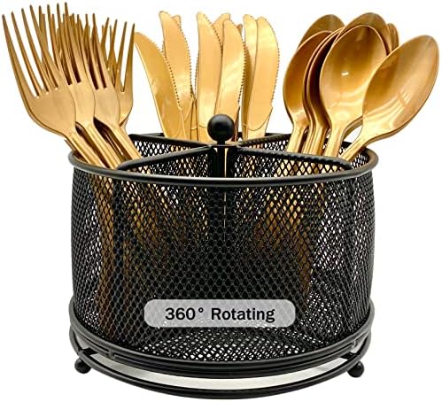 DysanVica 360° Rotating Metal Utensil Caddy - 4 Compartment Silverware Cutlery Holder Rotation Fork Spoon Napkin Organizer Flatware Storage Basket Party Countertop Buffet Picnic Camping Outdoor Black by DysanVica