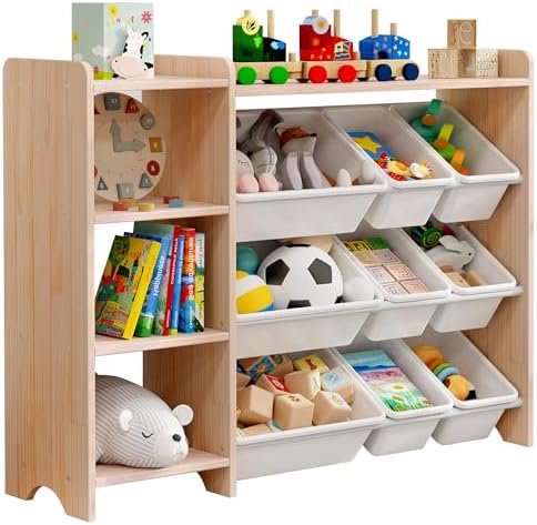 MallBest Kids Toy Storage Organizer with Bins, Solid Pine Wood Frame Toy Storage Cabinet and Kids Bookshelf, 3-Tier Playroom Organizer for Kids Room, Nursery and Bedroom, Natural by MallBest
