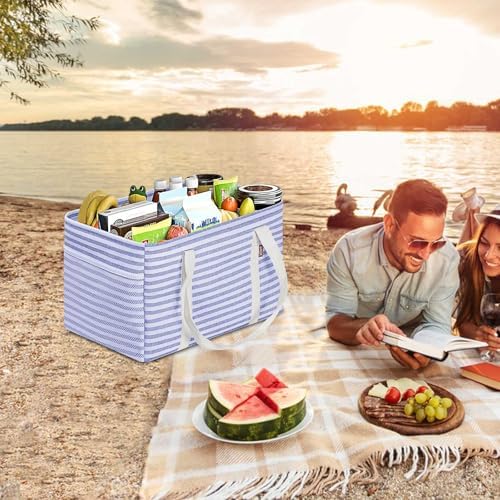 LHZK Standing Utility Tote Bag with Metal Wire Frame and the Sides Rinforced, Large Tote Bag with Handle, Reusable Grocery Bags Foldable, Beach Bag, Car Tote (Blue, 18.5''x11.8''x11.5'') - Image 7