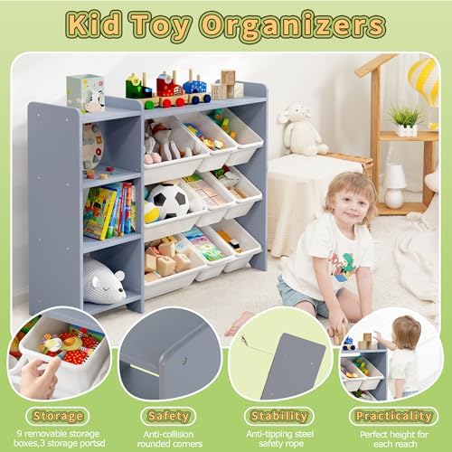 MallBest Kids Toy Storage Organizer with Bins, Solid Pine Wood Frame Toy Storage Cabinet and Kids Bookshelf, 3-Tier Playroom Organizer for Kids Room, Nursery and Bedroom,Grey-Single - Image 6