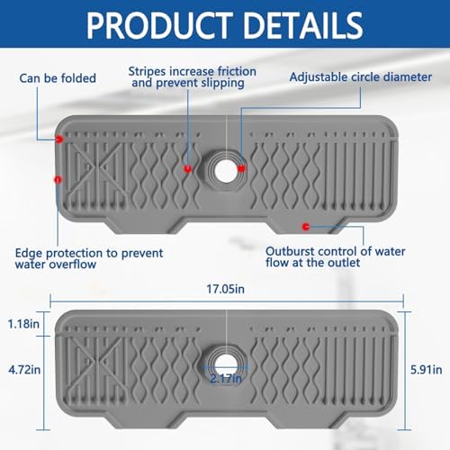 Sink Splash Guard Gen2-17" x 6'' Kitchen Sink Accessories,Silicone Sink Mat Splash Guard,fit for Countertop, Bathroom,Farmhouse,RV by EBIGIC (Grey) - Image 2