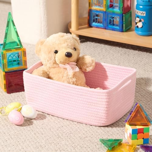MiniArk Small Storage Baskets for Organizing | Closet Organizer Bins | Shelf Toy Basket | Woven Rope Baskets | Cube Decorative Box | Shallow Basket | 13x8.5x5.1” | 3 Packs Pink - Image 4