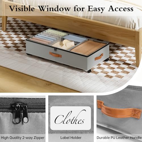 Yecaye Under Bed Storage with Wheels, 2 Pack Under Bed Storage Containers with Adjustable Dividers & Clear Window, Rolling Underbed Organizer Bins Drawers for Clothes, Shoes, Blankets, Grey - Image 6